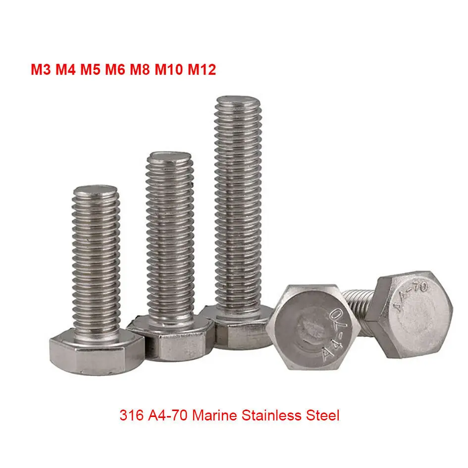 M3-M12 External Hex Head Screws DIN933 316 Marine Stainless Steel Full Thread Hexagon Bolts Length 8mm-200mm