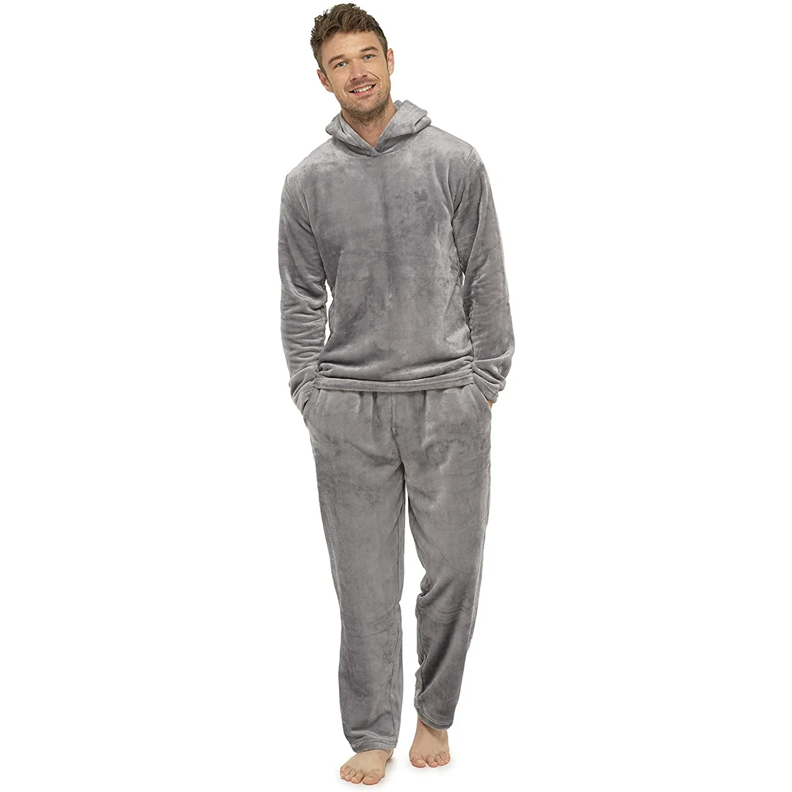 Men Plush Teddy Fleece Pajamas Winter Warm Pyjamas Overall Suits Sleepwear Daily Hooded Pajama Sets For Adult Men F4