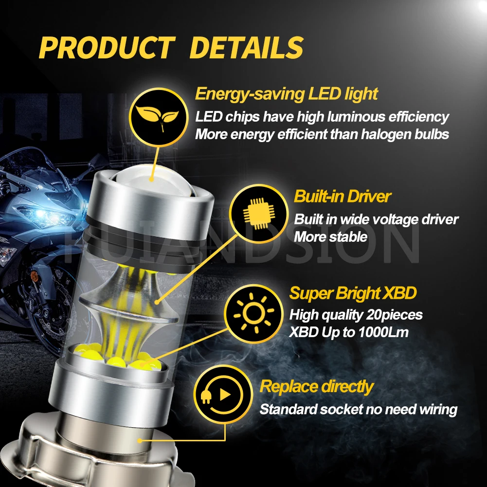 RUIANDSION 1Pcs P26S 100W 1000Lm Motorbike Moped Scooter Headlight Bulb DC10-30V 12V 24V 20XBD 6000K White Lemon Yellow Not AC