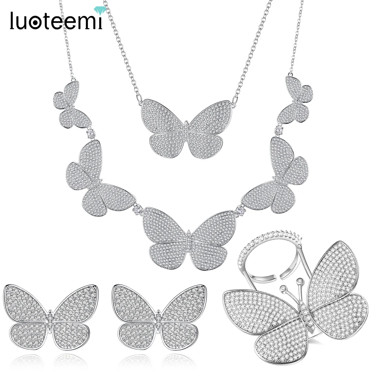 LUOTEEMI Sparkling Fully Iced Out Crystal Pave Butterfly Set Cubic Zircon Butterflies Necklace Earring Ring Sets Fashion Jewelry