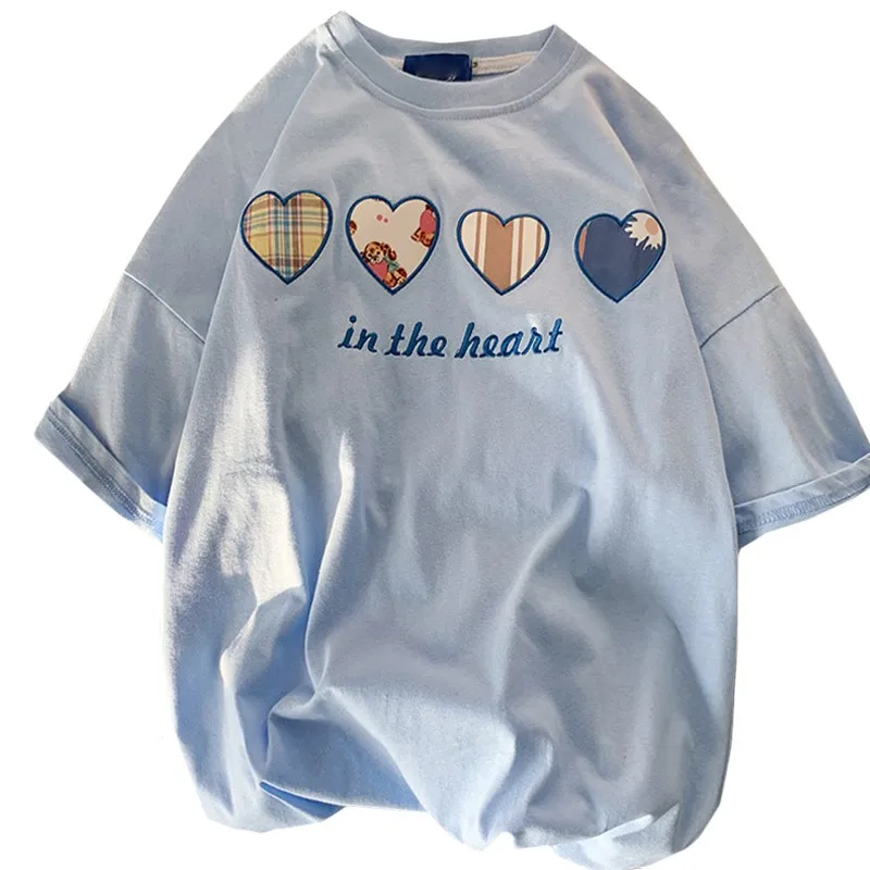 

Summer Cotton Casual Women T Shirt Embroidered Letters In The Heant Patch Love Hearts Tees High Quality Tops Female