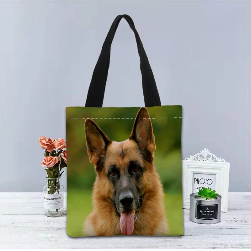 German Shepherd Dog Tote Bag Canvas Fabric Handbag Two Sides Printed Shopping Bags Traveling Casual Useful Shoulder Bag 1208