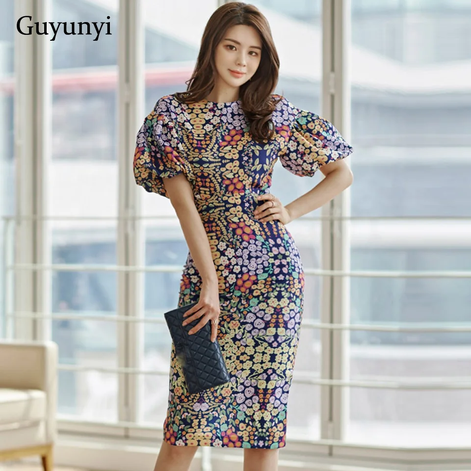 

Business Skirt Suits 2020 Summer Elegant Party Temperament Slim Puff Sleeve Tops Floral Hip Skirt Women Office Two Pieces Suits