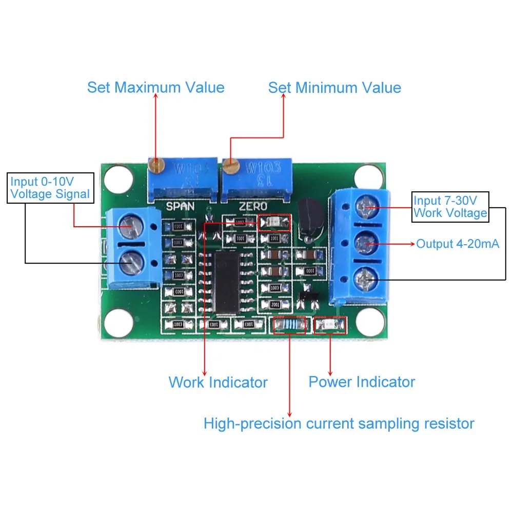 Voltage Current Converter Module Non-Isolated LED Indicator DC 7-30V For Industrial Control 4-20mA 3.3V 5V 9V 12V 24V