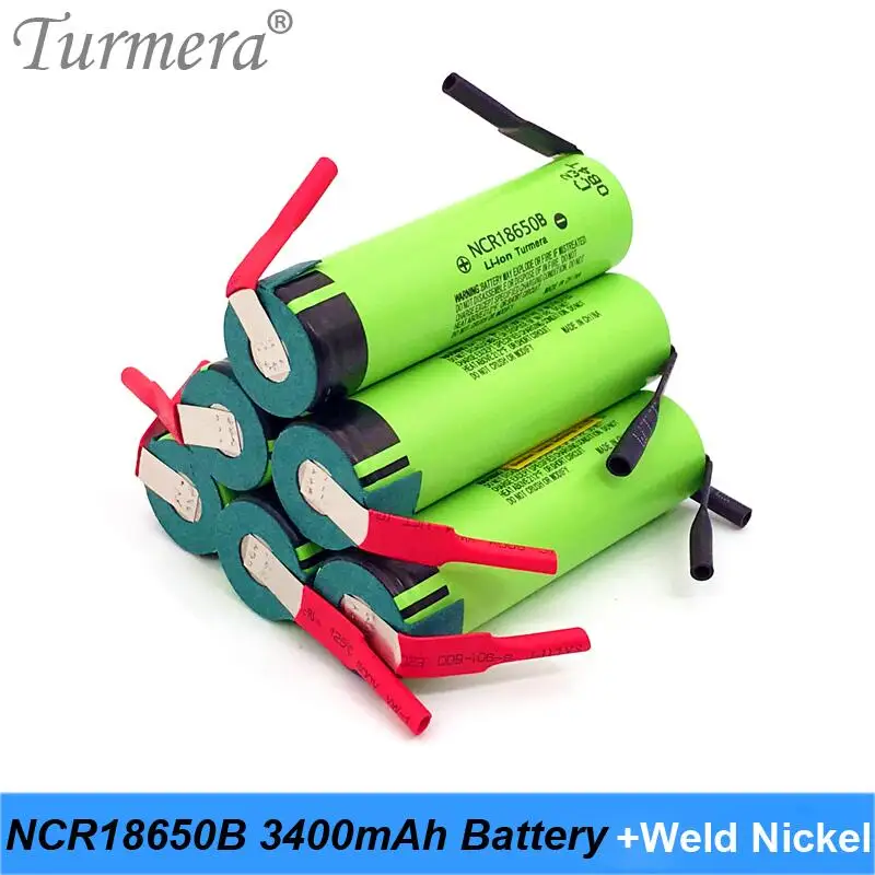 Turmera 18650 3400mAh NCR18650B Battery 3.6V Soldering Nickel for 12V 14.4V 18V 21V 25V Electric Drill Screwdriver Batteries Use