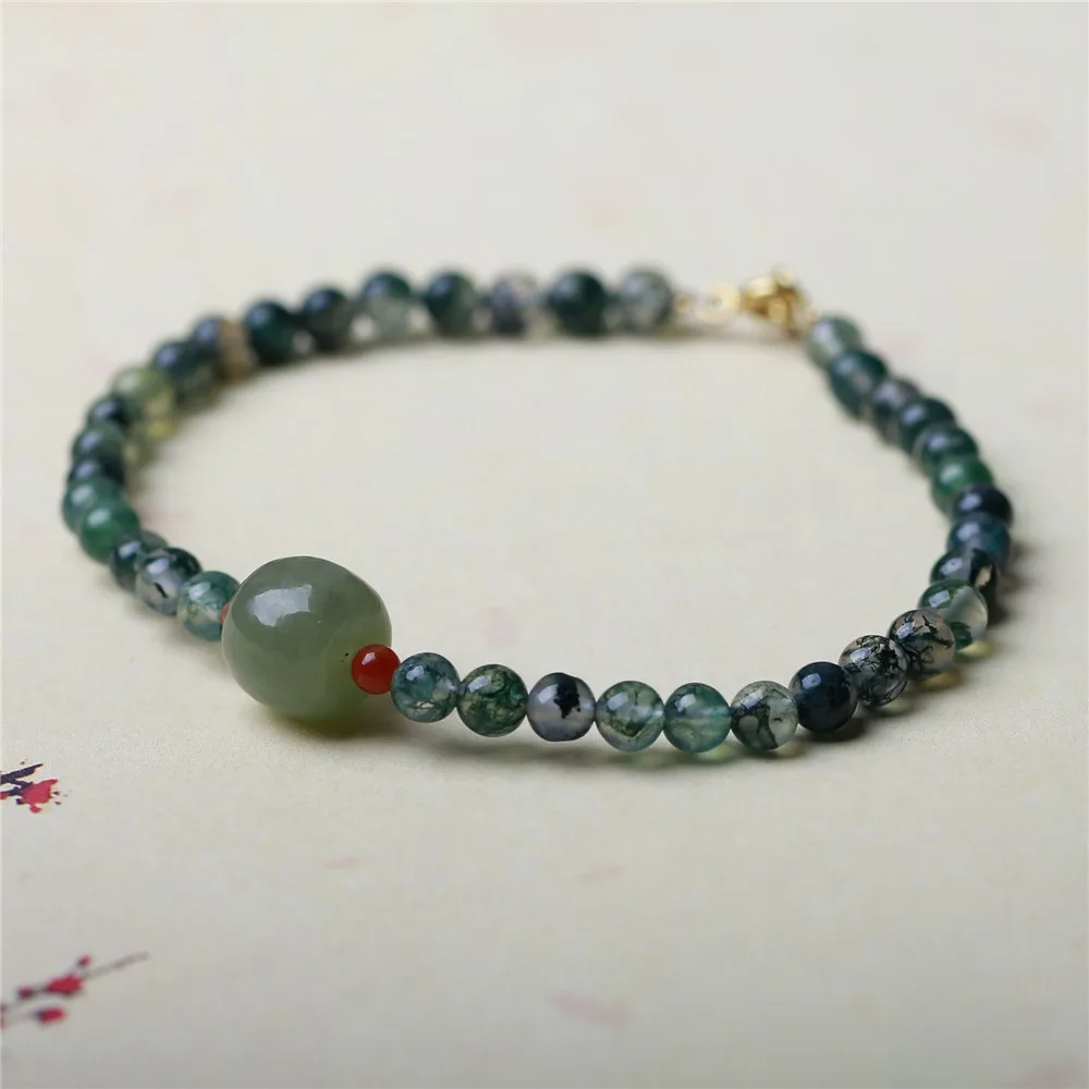 Small Natural Agate Stone Beaded Women Bracelet Old Bead Hetian Jade Green Color Healing Balance Charm Jewelry Simple Girl Gift