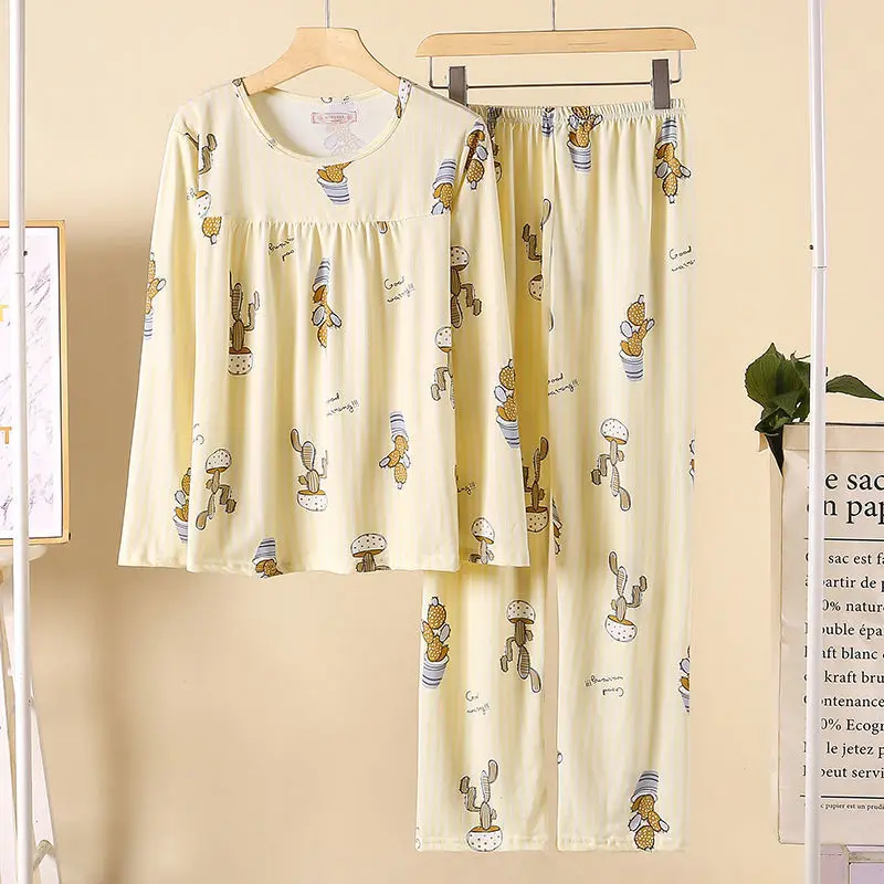 100 KG Wear Middle-Aged Elderly Sleepwear Set Loose Plus Size Print Mother Home Clothing Autumn Winter Pajamas For Women M-4XL