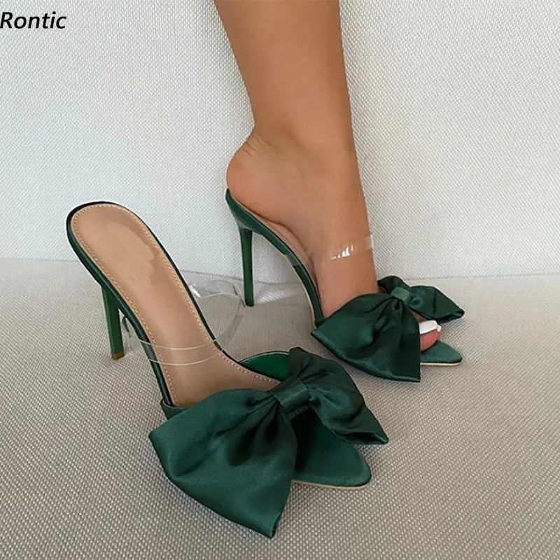 Rontic Sandalias de mulas hechas a mano para mujer, tacones de aguja con nudo de mariposa de satén, punta estrecha, bonitos zapatos de fiesta negros y verdes, talla estadounidense 5-15