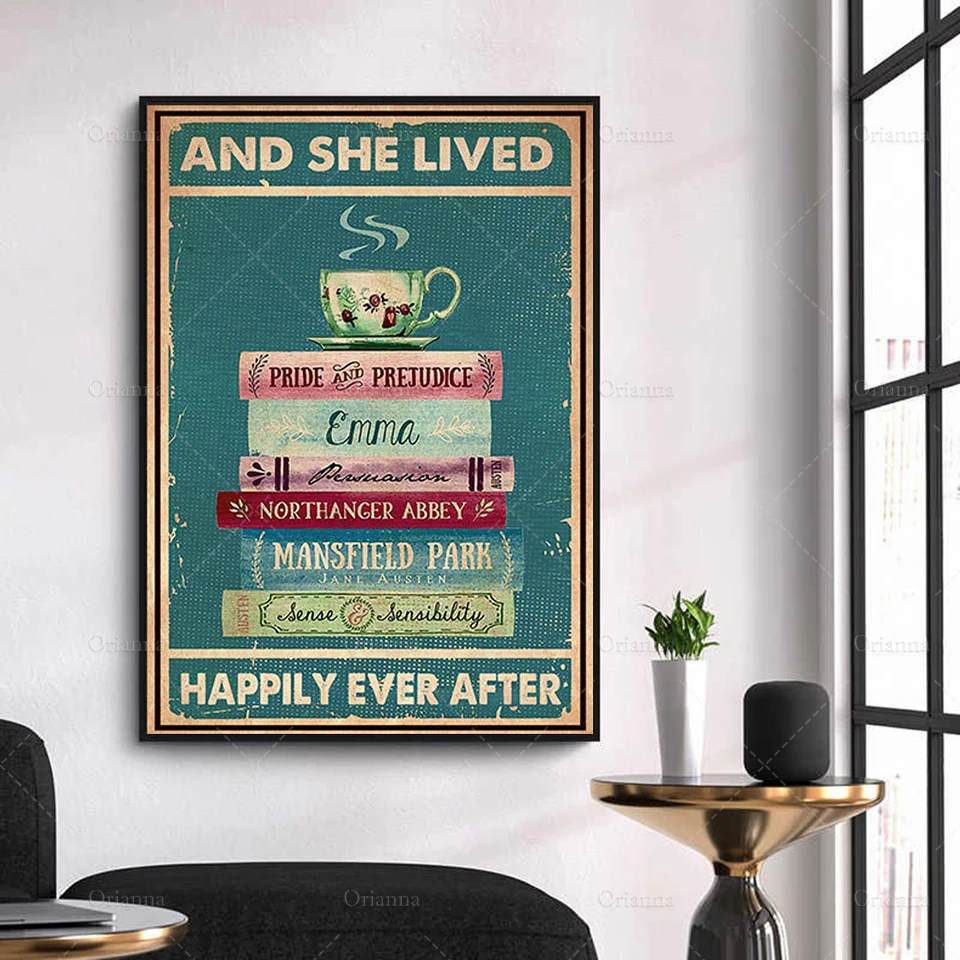 And She Lived Happily Ever After Poster,Books and Tea Poster, Tea Wall Decor, Books Art Print, Bookaholic Home Decor Gifts Ever