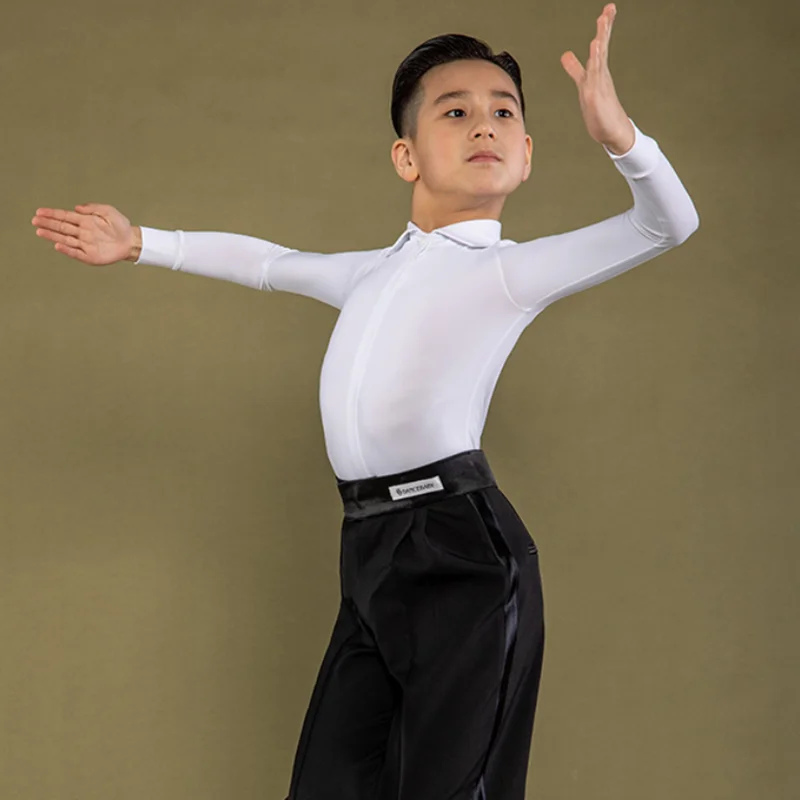 

2021 Kids Latin Ballroom Dancing Costume White Shirt Boys Latin Competition Tops Professional Cha Cha Tango Dance Clothes