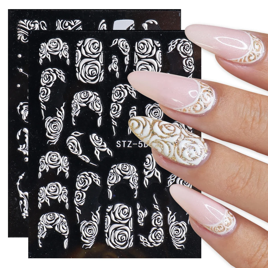 

5D White Embossed Wedding Nail Design Charms Flower Lace Stickers Decals Floral Winter Nail Art Decoration Tools NTSTZ5D01-16