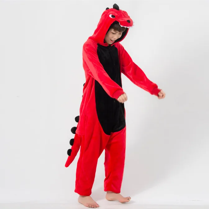 Pyjama de carnaval pour adultes, combinaison une pièce, costume de tyrannosaure rouge, Kigurumi