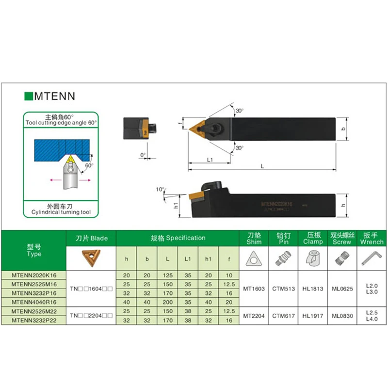 MTENN1616H16 MTENN2020K16 MTENN2525M16 حامل أداة تحول خارجي + إدراج كربيد TNMG 160404 TNMG160408 أدوات قطع المخرطة