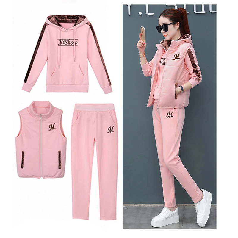 3 Piece Set 2021 Women Suit Tracksuit Winter Hoodies+Vest+Pants Track Suit Plus Velvet Warm Sporting Women Suits Female Clothes