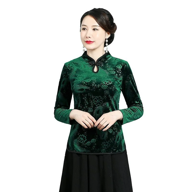 Chinese Style Clothing Women Vintage Shirt Ethnic Tunic Gold velvet embossing Blouse And Top Women Ladies Chinese