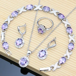 Women Silver 925 Jewelry Sets Purple Amethyst Gemstone Birthstone Earrings Bracelet Resizable Ring Necklace Wholesale 12 Colors