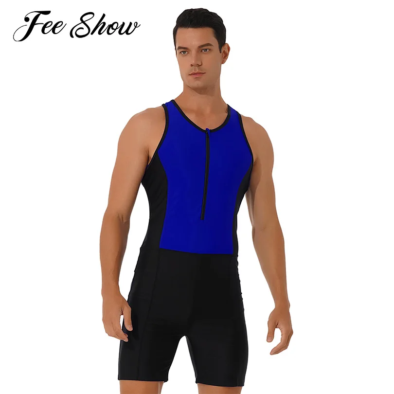 Men Swimming Jumpsuits Bathing Suit Sleeveless Front Zipper Racer Back Bodysuit Swimsuit Triathlon Wetsuits Shorts Swim Jumpsuit