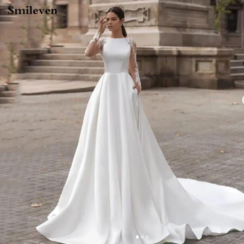 

Smileven Elegant Satin Wedding Dresses Long Sleeve Lace Bride Gown Illusion Back Wedding Gown Covered Back Vestido de novia 2020