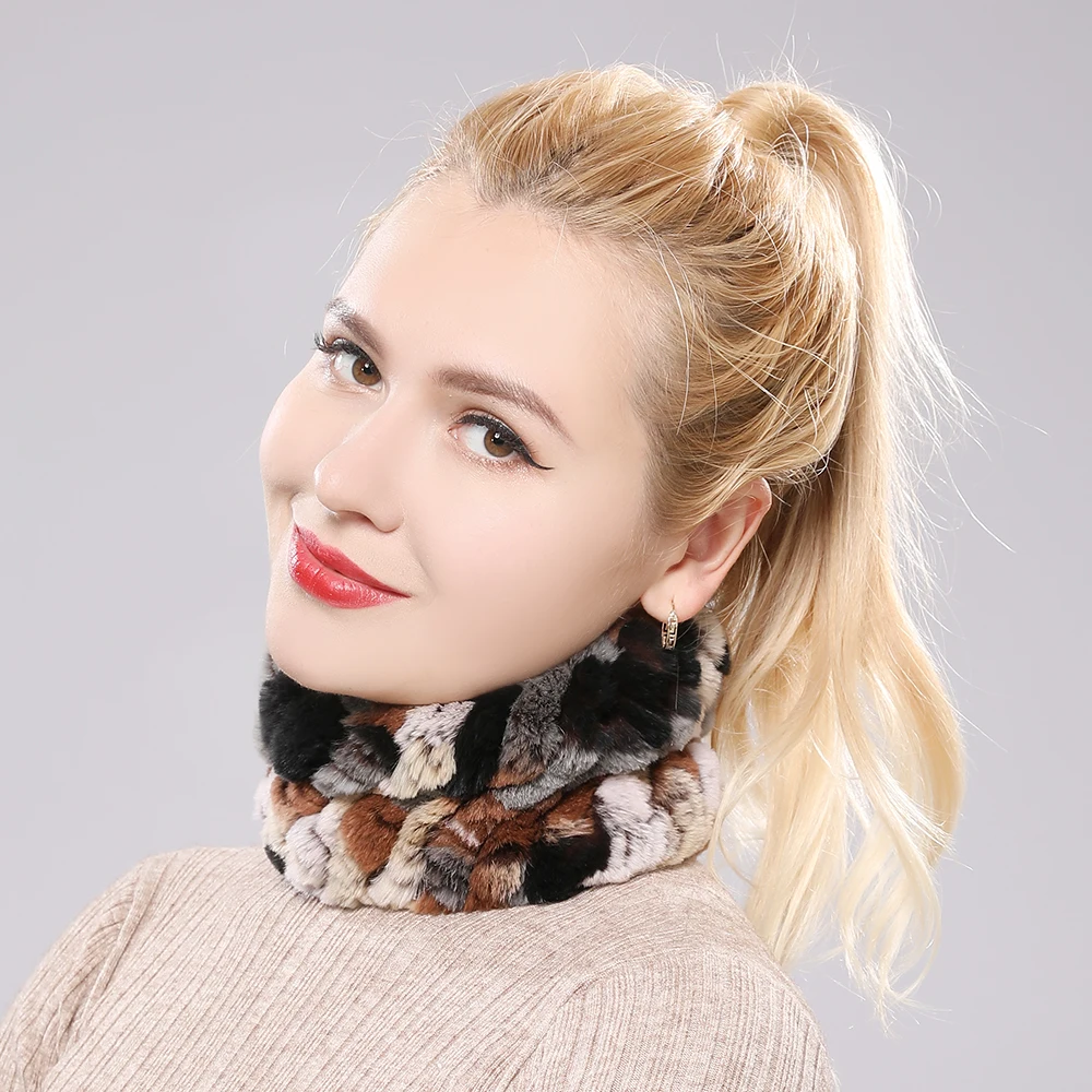 Women Real Fur Handmade Stretch Fur Scarf Knit Genuine Rex Rabbit Fur Headbands Girls Natural Fur Ring Cowl Snood Scarves Winter