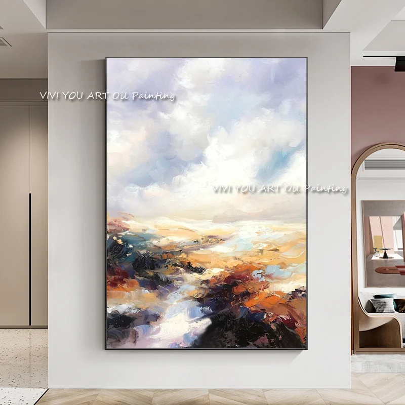 

The Top Sales Hand-painted Original Mountain View Abstract Modern Thick Oil Painting Home Decor Canvas Brown Wall Art White Sky