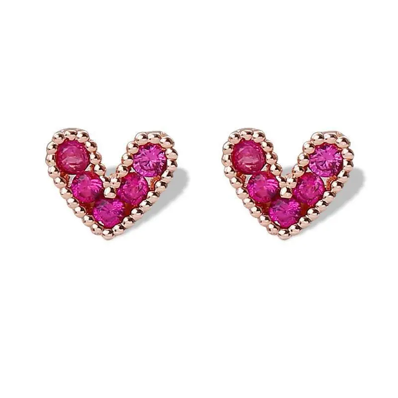 Fashion Hot Sale Sweet Peach Heart Pink Inlaid Zircon Shiny Mini Stud Earrings Faded Wild Valentine Gift Wedding Ear Jewelry