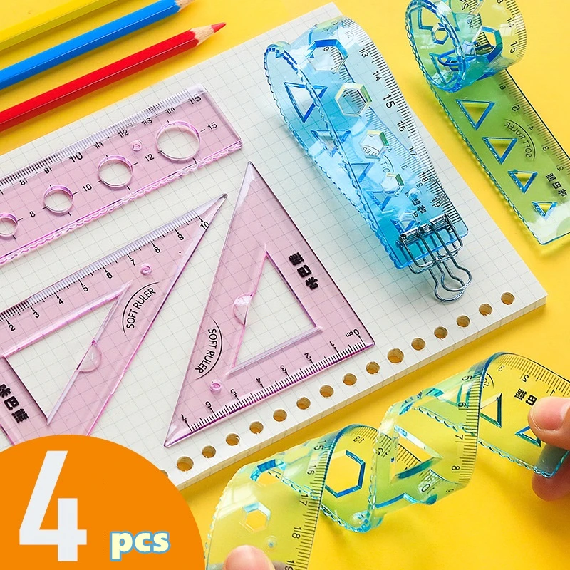 4pcs Soft Ruler Suit 15cm 20cm Flexible Clear Scale Straight Triangular Rulers Protractor Measure Drawing School Supplies A6712