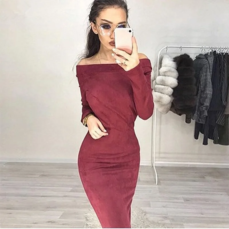 

Summer Women Sexy Off Shoulder Dresses Solid Bodycon Slim Female Dresses Evening Party Knee-length Pencil Dress Casual Vestidos