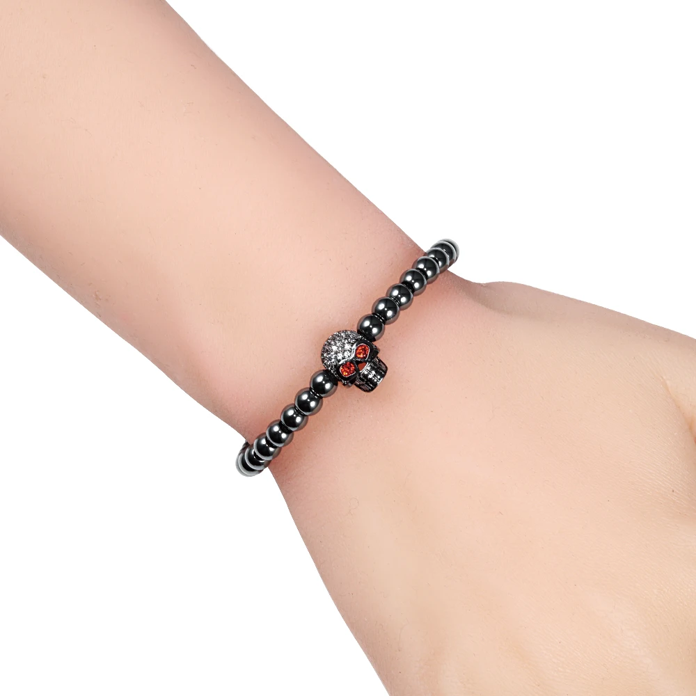 Charm 5mm Copper Beads Bracelets Handmade Pave CZ Skeleton Crystal Adjustable Bracelets Women Men Skull Head Punk Wrist Jewelry