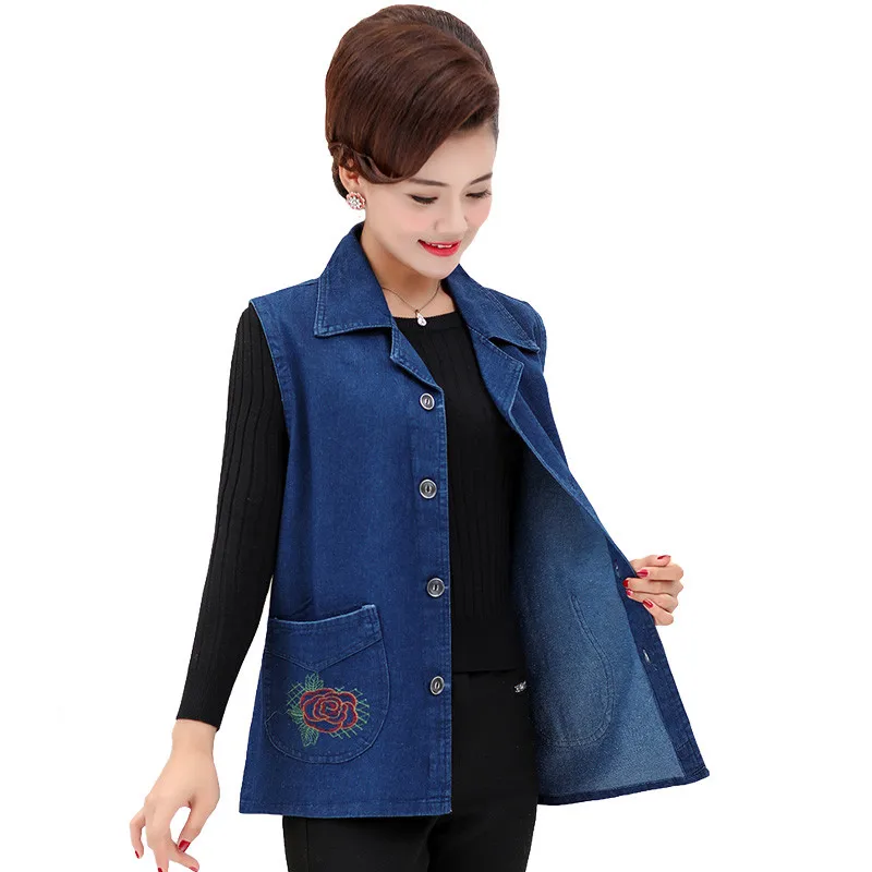 

2022 5XL 6XL Women Denim Vest New Embroidery Single-Breasted Sleeveless Jeans Jacket Autumn Middle Aged Waistcoat Outerwear