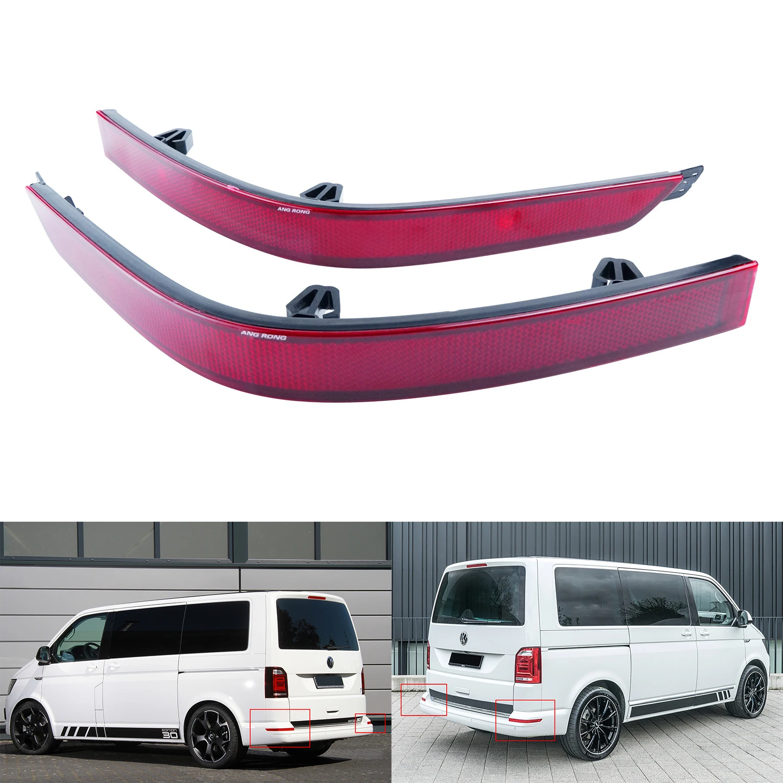 ANGRONG Pair Left + Right Rear Bumper Reflector Red Lens No Light Fit For VW Transporter T6 2015+