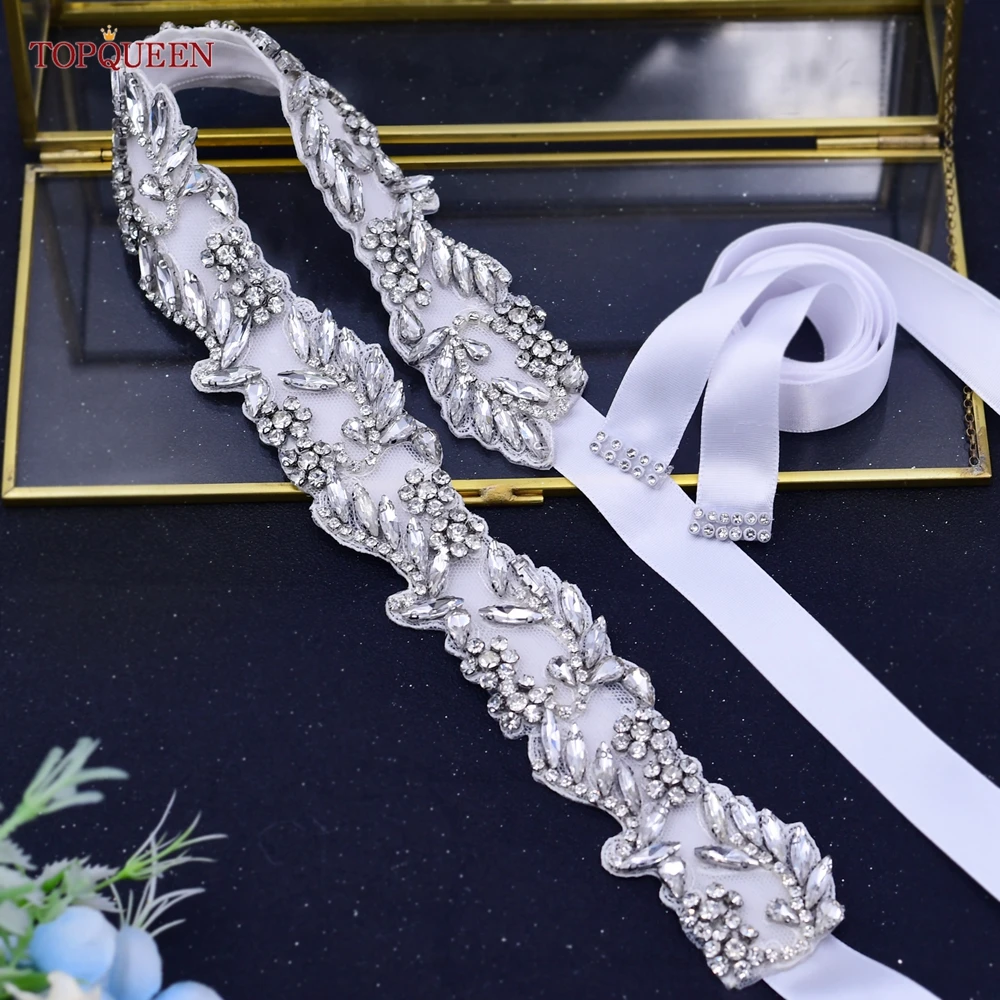 TOPQUEEN S492 Silver Rhinestone Sash Belt Vogue Wedding Belts for Women Dresses Bridal Belt Plus Size Bridesmaid Belt Bling Belt