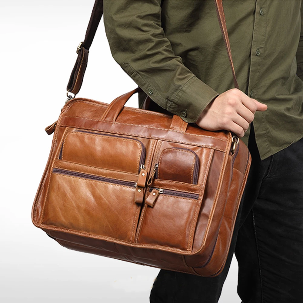 Men\'s Large Leather Handbag Retro Travel Briefcase Men Business Laptop Bag Male Real Cowhide Shoulder Bag luxury Computer Bag