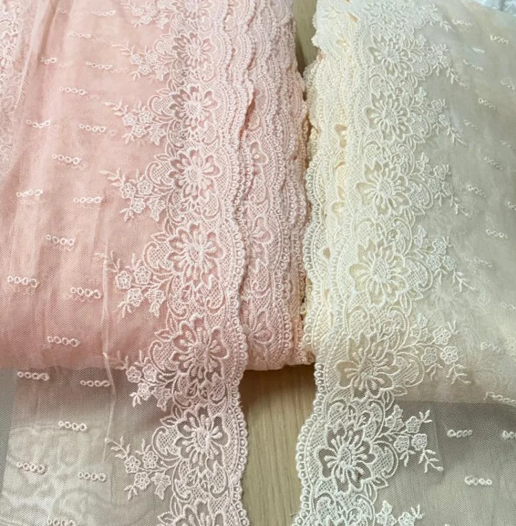 2 Meters Pretty Exquisite Pink Beige Lace Trim Floral Embroidered Cotton Tulle  Lace Fabric Dress Costume Supplies DIY Craft