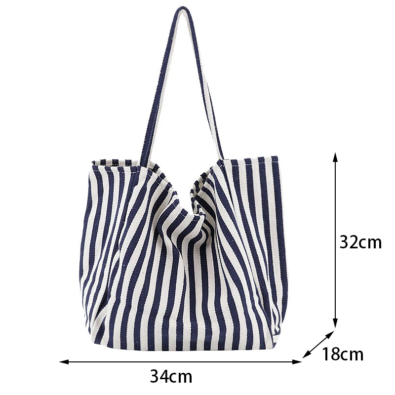 Large Capacity Canvas Women Shopper Tote Simple Striped Shoulder Bag Female Casual Multifunctional Travel Top-handle Handbag