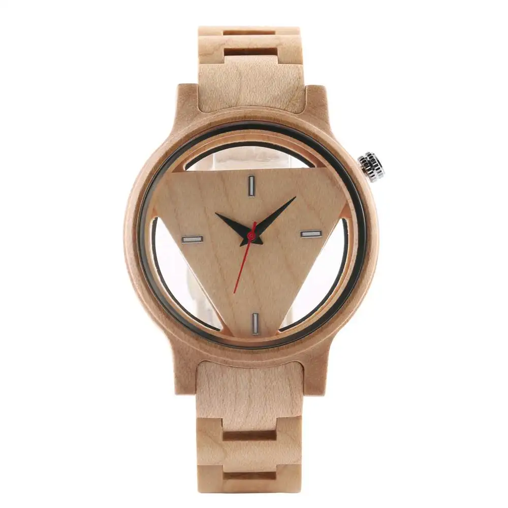 Unique Inverted Geometric Triangle Wood Watch Men Women Creative Hollow Dial Full Wooden Quartz Wristwatch Reloj de madera 2020