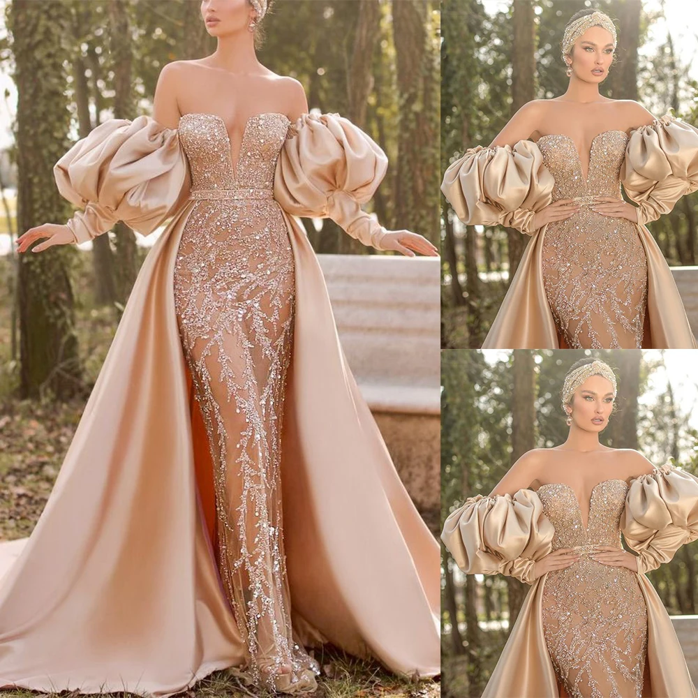 

Luxury Arabic Beaded Puff Sleeve Mermaid Wedding Dress Sequin Strapless Detachable Train Gowns Custom Made Bridal Robe De Mariee