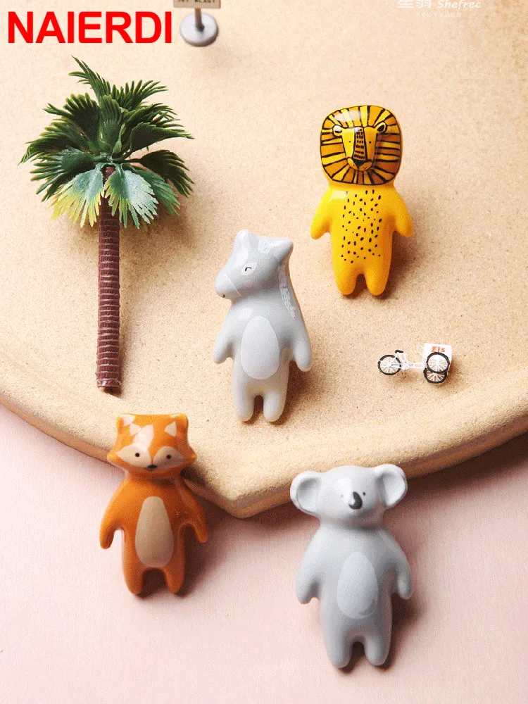 NAIERDI Cartoon Furniture Handles Animal Drawer Knob Ceramic Cabinet Handles and Drawer Pulls Lion Panda Fox Children Room