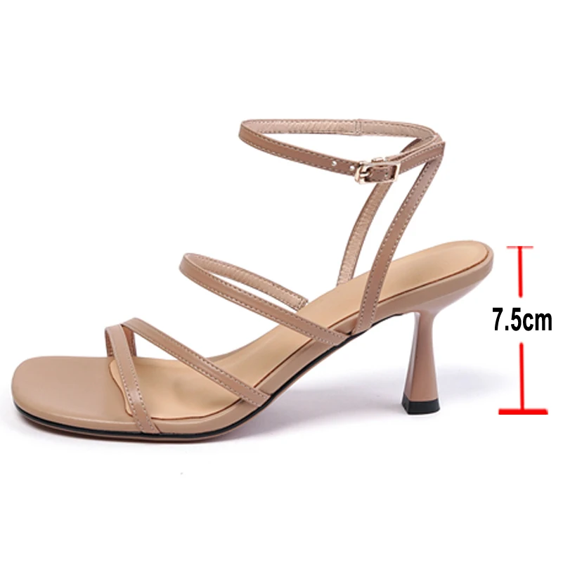 Meotina Sandals Women Shoes Square Ankle Strap Sandals Thin High Heels Buckle Strap Narrow Band Ladies Footwear Summer Beige 40