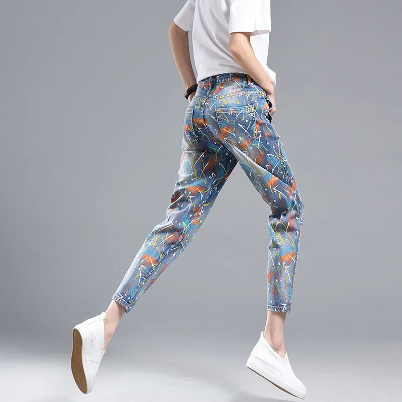 Print Fashion Jeans Women Vintage Washed Pattern Harem Pants Street 2022 New Casual Zipper Female Denim Ankle Length Pants