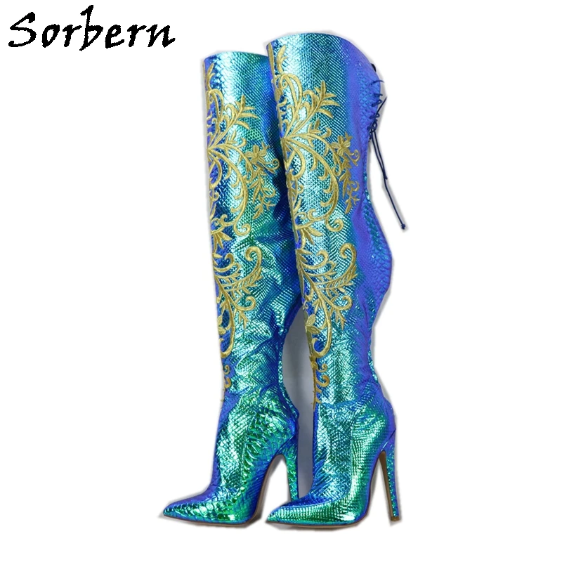 

Sorbern Embroidery Women Boots Holo Snake Over The Knee Mid Thigh High Long Boot Pointed Toe High Heels Stilettos Lace Up Back