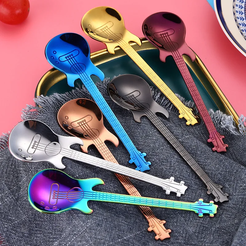 Multicolor Creative Stainless Steel Guitar Spoons Rainbow Coffee Tea Ice Spoon Flatware Drinking Tools As Gift Souvenir