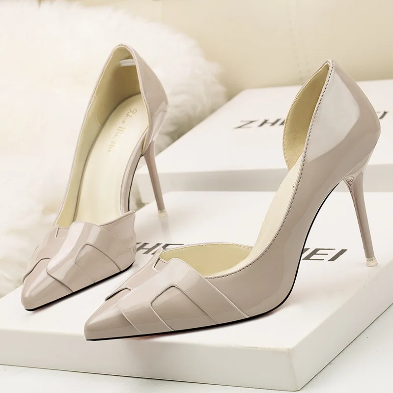 Sapatos de salto alto finos para mulheres, couro envernizado, bombas rasas recortadas laterais, sapatos de escritório para senhoras, 8 cores, nova