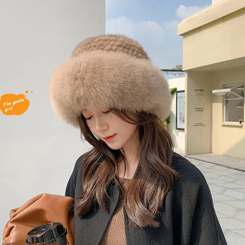 

Mink Weaving Fur+fox Cap Women Winter Genuine 100% Fur Bomber Hat Windproof Warm Earmuffs Flat Grey/Black Russian Hat Fitted Ca