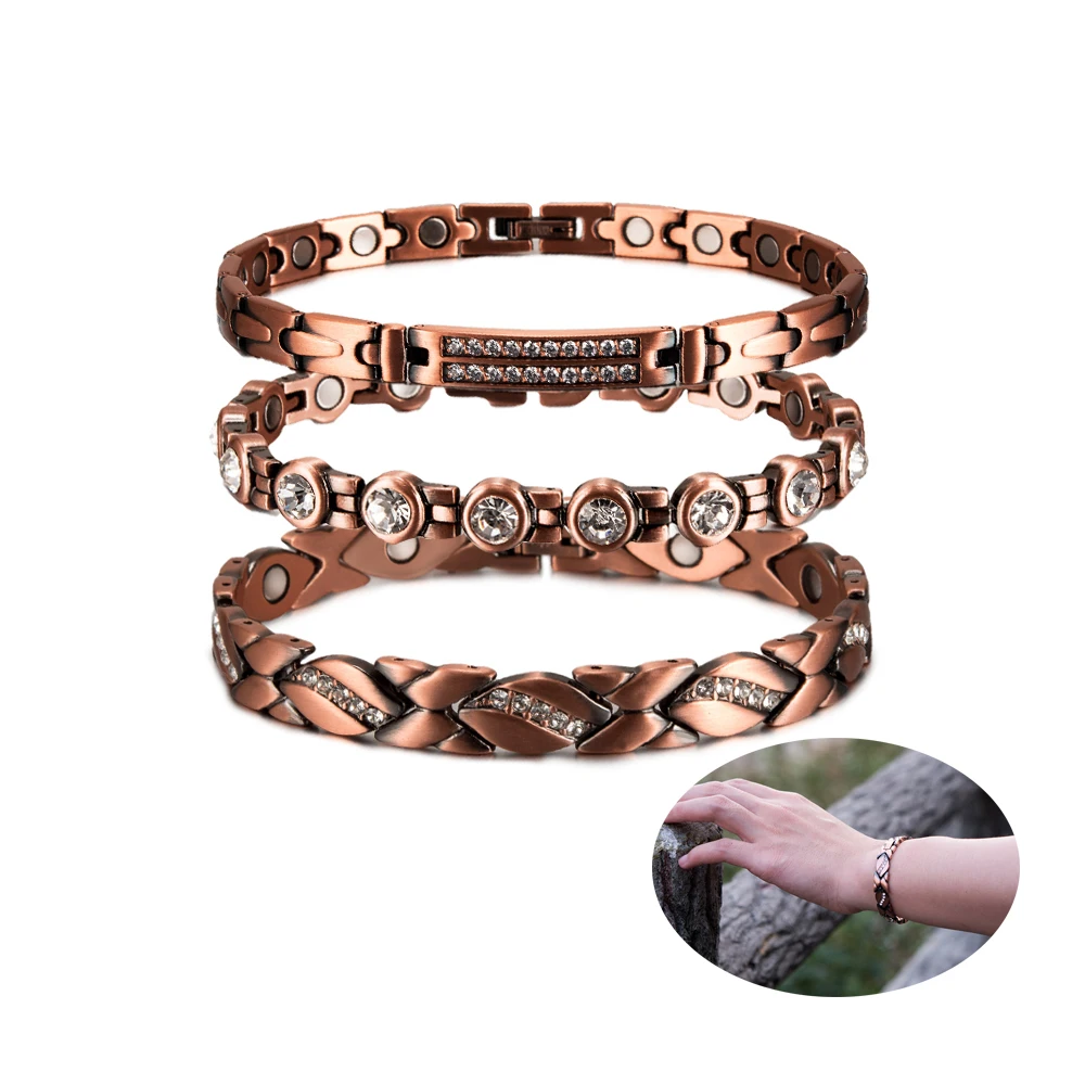 Magnetic Pure Copper Bracelets for Women Cubic Zirconia Chain Link Solid Metal High Magnet Jewelry Health Energy Arthritis