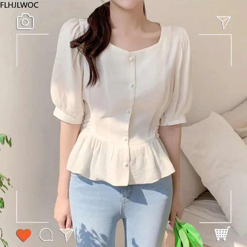 Dễ Thương Ngọt Xù Lông Peplum Cao Cấp Mùa Hè Hàn Quốc Sang Trọng Nhật Bản Phong Cách Flhjlwoc Preppy Bé Gái Bán Trong Suốt Áo Sơ Mi Nữ Top Áo Kiểu