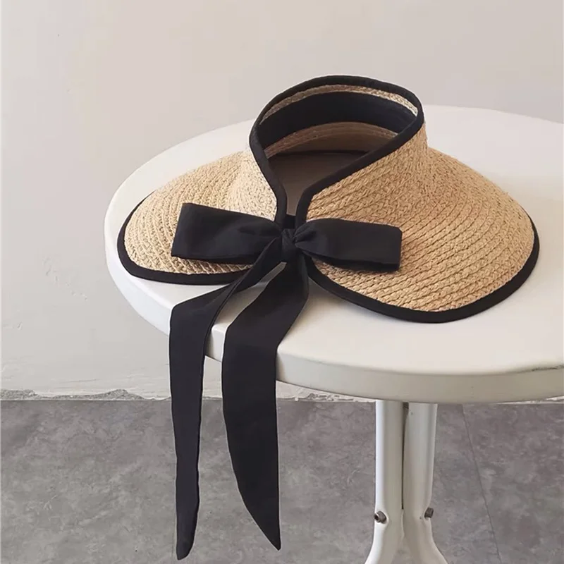 Empty Straw Hat Women Summer Hand-woven Raffia Empty Top Large Brim Casual Straw Hat Bowknot Black Ribbon Decoration Beach Cap