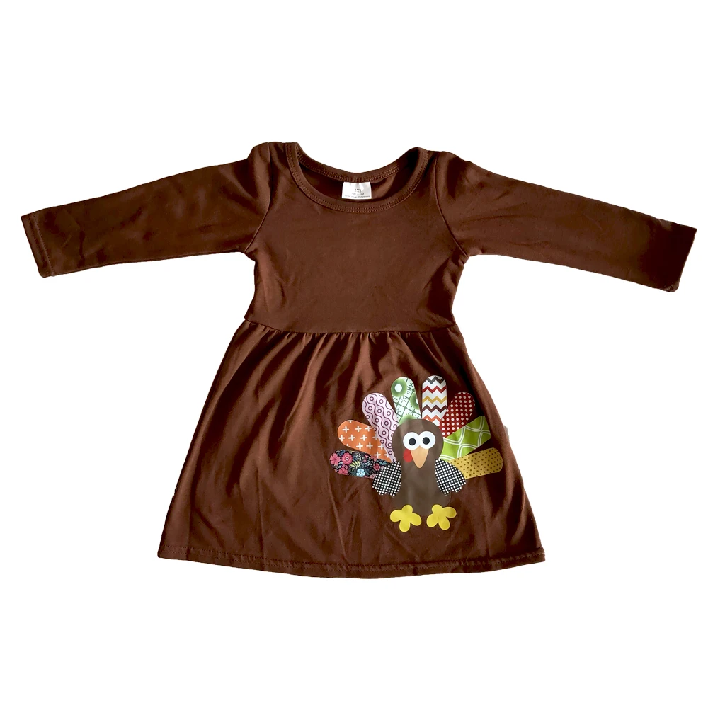 Cute Pattern Long Sleeve Kids Dress Thanksgiving Day Brown Frocks Girl Turkey Clothes For Winter