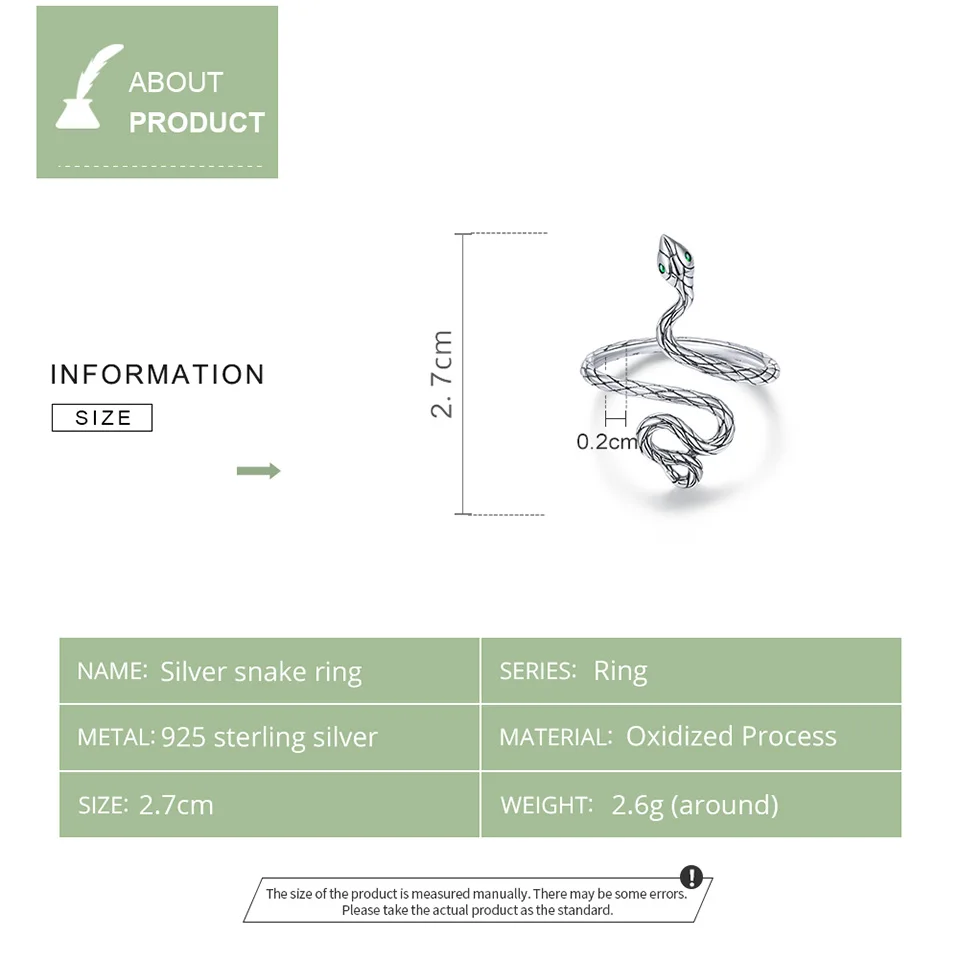 WOSTU 925 Sterling Silver Silver snake Ring Retro Open Ring For Women Fine Silver Finger Ring Jewelry Gift CTR199