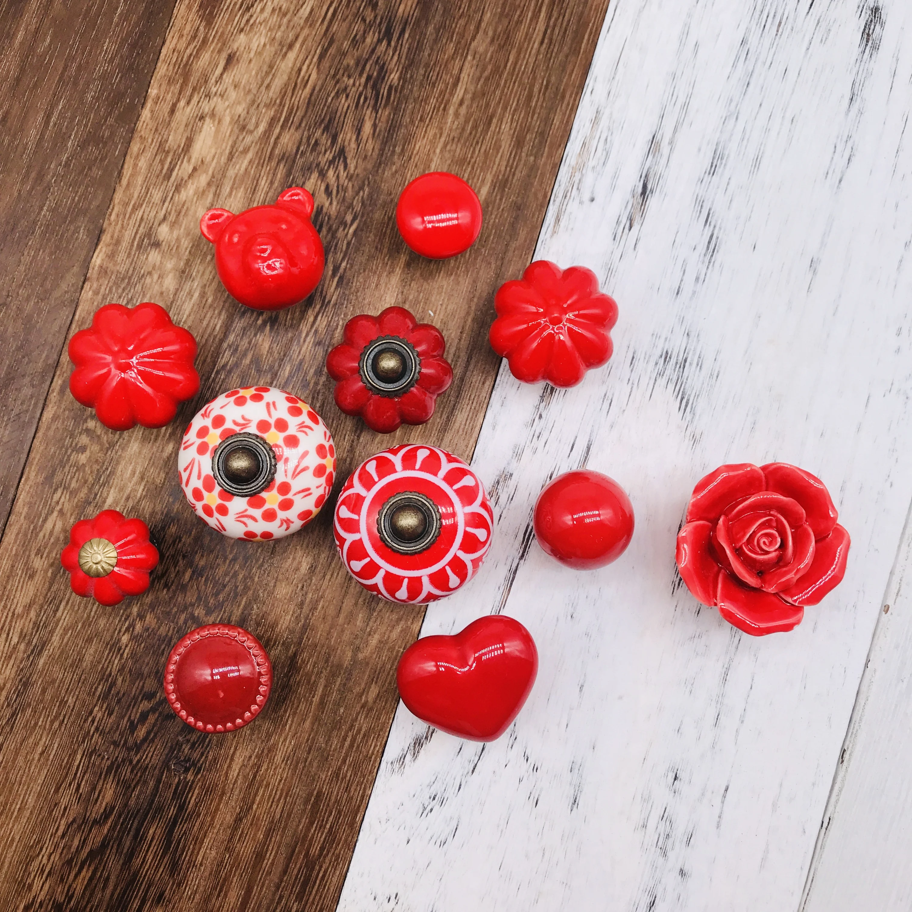 1pcs Furniture Kitchen Cabinet Handles Enthusiastic Red Solid Round Heart Bear Ceramic Handle Hardware Drawer Single Knob