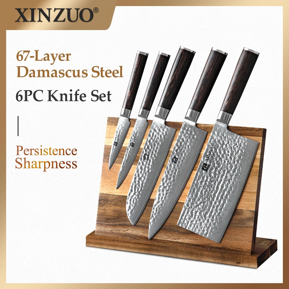 

XINZUO 6PCS Professional Damascus Steel Hammerd Stand Block Tool Holder Paring Chef Cleaver Santoku Utility Multi Knives Set